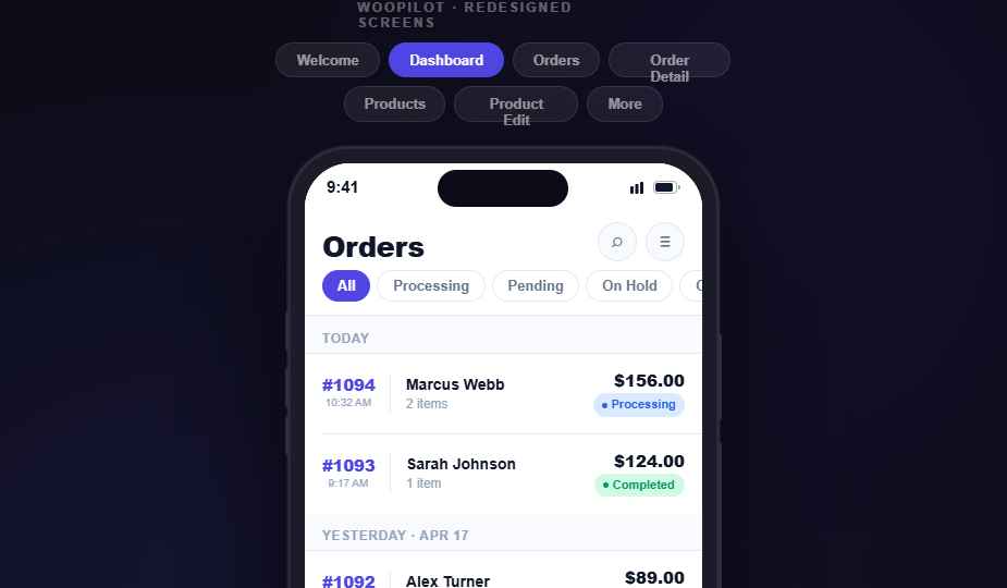 WooPilot orders screen
